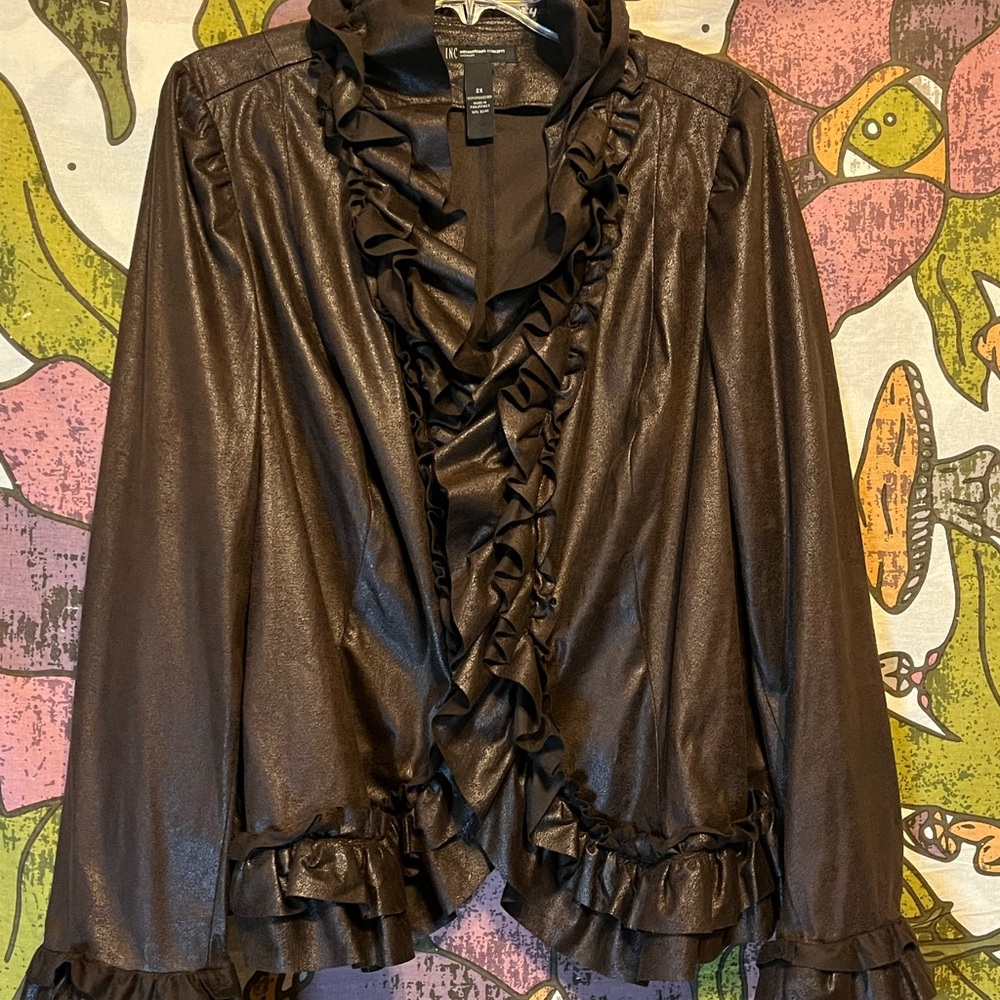 INC International Concepts Women's Ruffled "Leather look" Jacket - Dark Brown